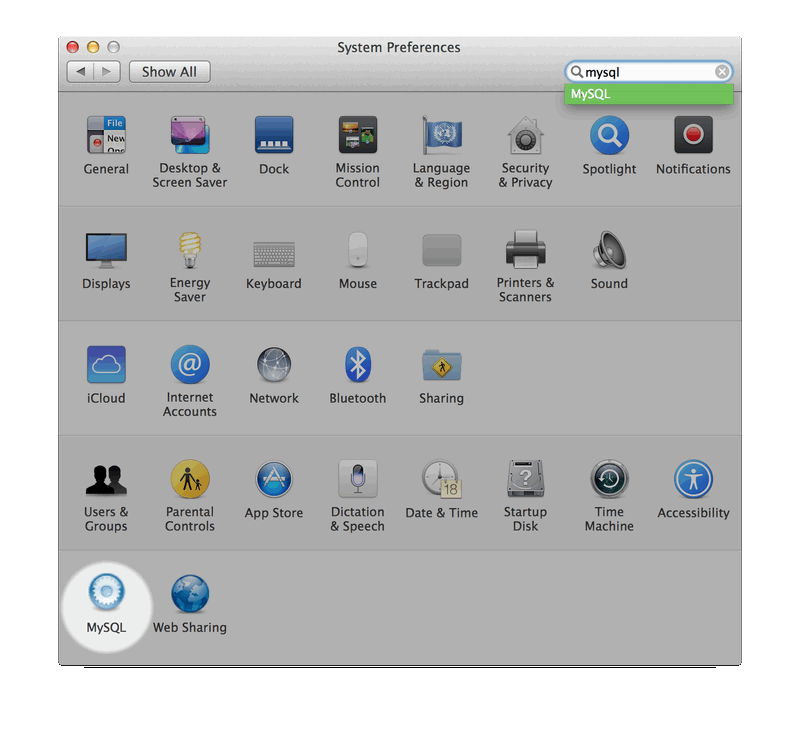 Shows "MySQL" typed into the macOS System Preferences search box, and a highlighted "MySQL" icon in the bottom left.