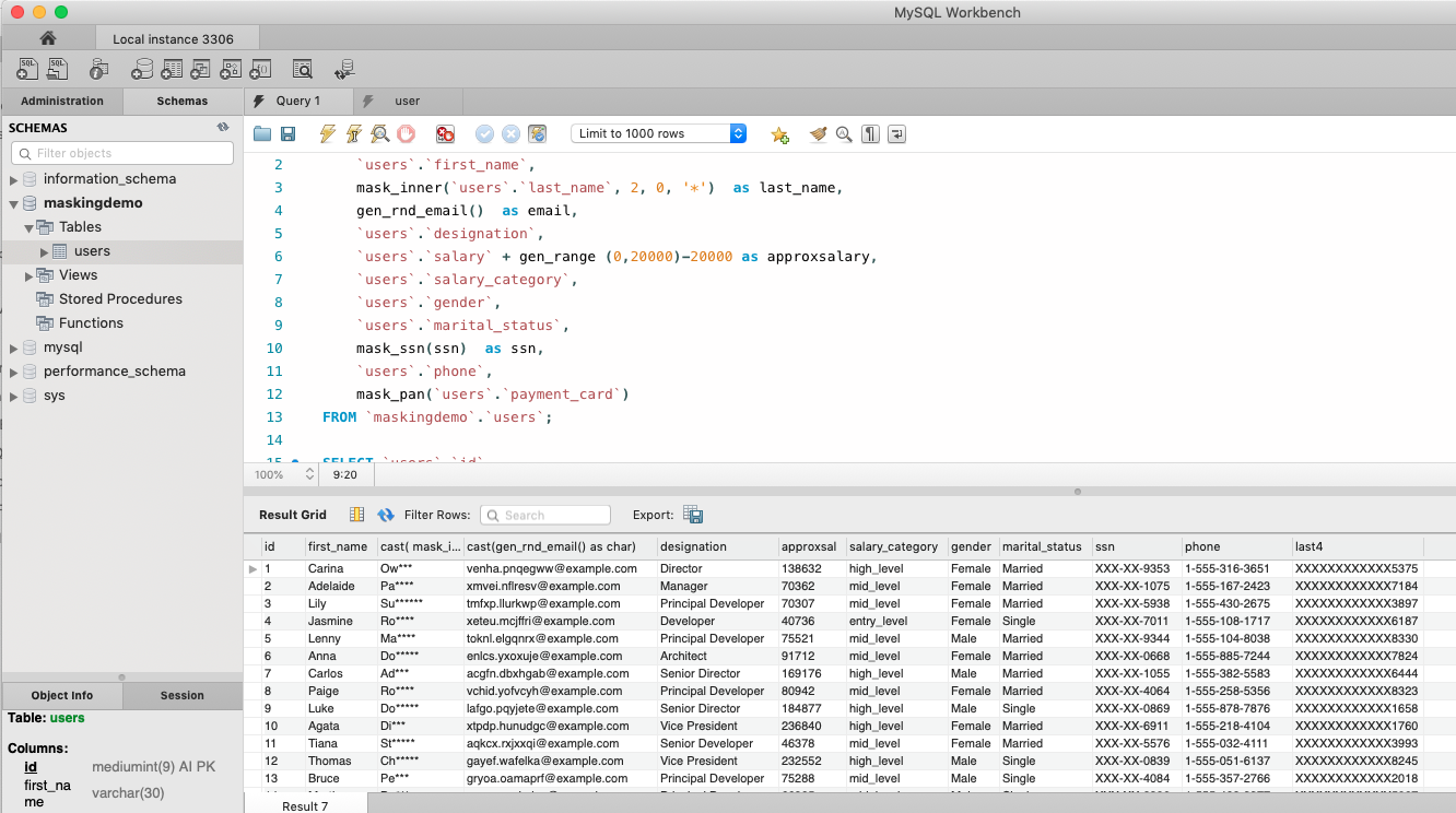 MySQL Workbench Showing Data Masking using enterprise masking functions in SELECT
