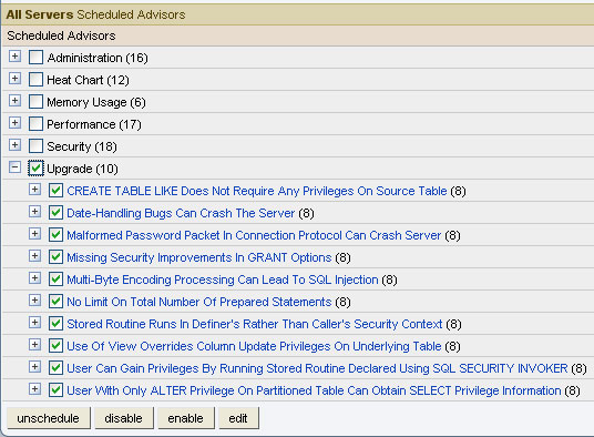 Screenshot: Scheduled Advisors for All Servers