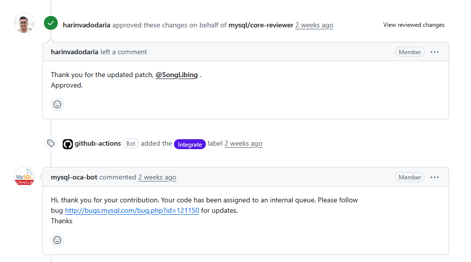 GitHub pull request showing approval and assignment to the MySQL contribution queue