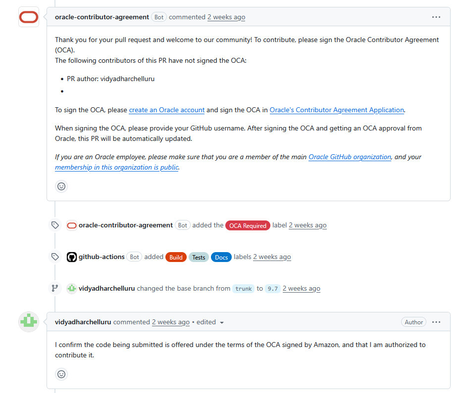 GitHub pull request showing the Oracle Contributor Agreement check