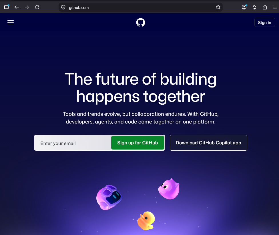GitHub home page with the account sign-up form