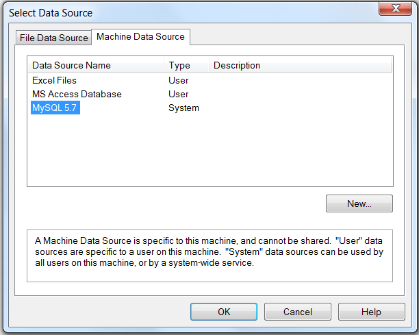 Shows the "Select Data Source" dialog with two tabs: File Data Source and Machine Data Source. The Machine Data Source tab is selected and displays three columns: Data Source Name, Type, Description. The selected row has "MySQL 5.7" defined as the Data Source Name, and "System" as the Type.