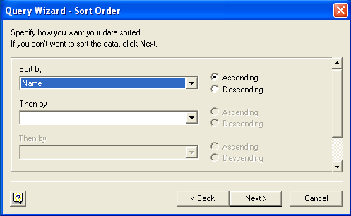 Shows sorting options "Sort by" and "Then by", each with "Ascending" and "Descending" options.