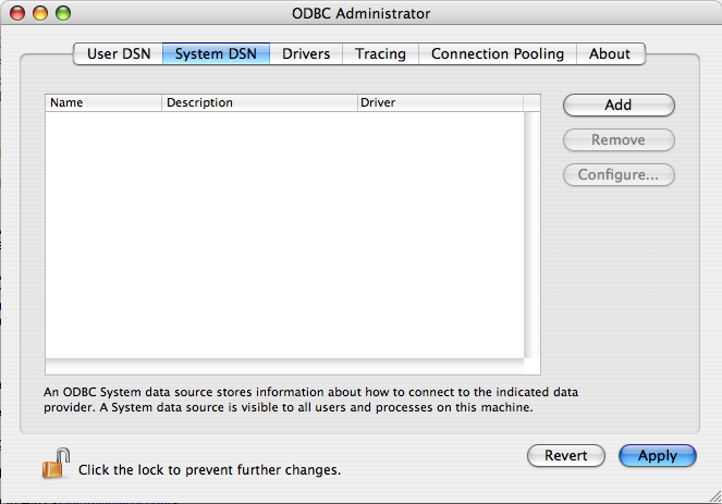 Shows an empty ODBC Administrator dialog with the "System DSN" tab open. This tab includes "Add", "Remove", and "Configure" options. Additional tabs are "User DSN", "Drivers", "Tracing", "Connection Pooling", and "About".