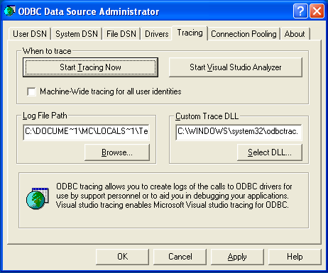 Tracing example includes the "Log File Path" and "Custom Trace DLL" values set, along with buttons to "Start Tracing Now" and "Start Visual Studio Analyzer".