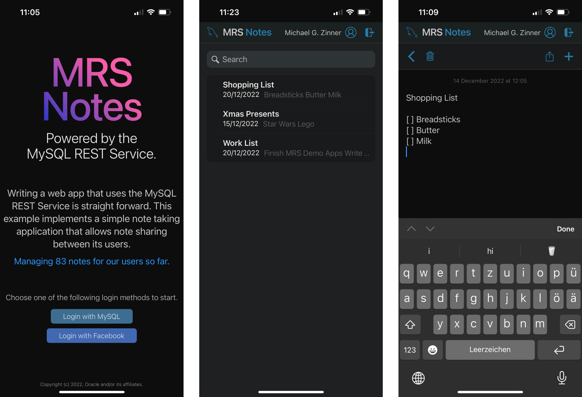 mrsNotes App running on a Mobile