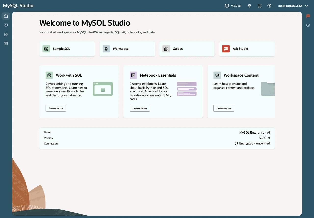 MySQL Studio home page with quick actions and learning cards