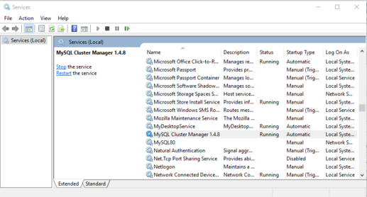 Windows Service Manger showing MySQL Cluster Manager has been started as a service.