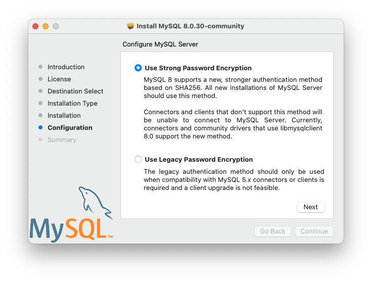 Most content is described in the surrounding text. The installer refers to caching_sha2_password as "Use Strong Password Encryption" and mysql_native_password as a "Use Legacy Password Encryption".