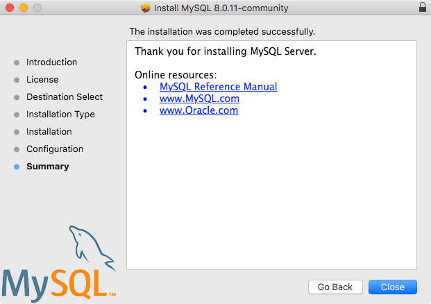 Shows that the installation was a success, and includes links to the MySQL manual, mysql.com, and oracle.com.