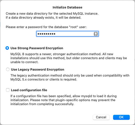 Shows an option to enter the root password, along with choosing between two password types: Strong Password Encryption that is suggested for MySQL 8 clients or Legacy Password Encryption with compatibility with older MySQL 5.x clients. The optional "Load configuration file" option is loaded by mysqld during initialization, and it notes that plugin-specific options may prevent the initialization from completing.
