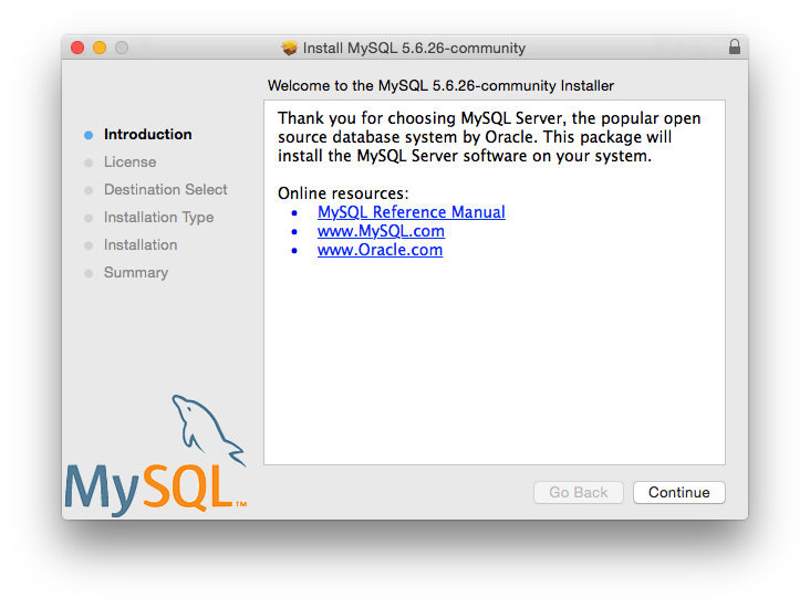 Shows that the installation is ready to start, the MySQL server version being installed, and includes links to the MySQL manual, mysql.com, and oracle.com.