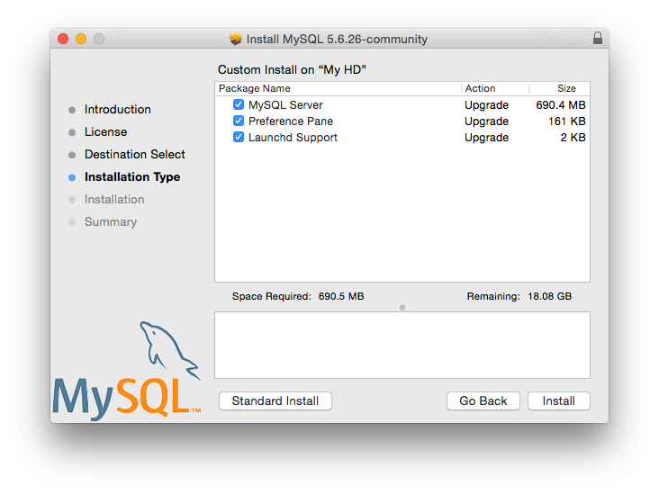 Customize shows three package name options: MySQL Server, Preference Pane, and Launchd Support. All three options are checked.