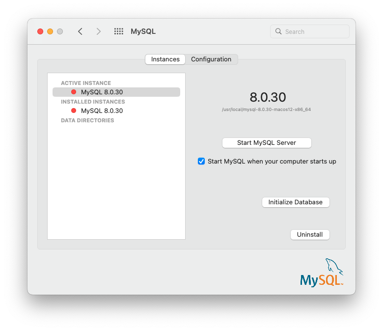 The left side shows a list of MySQL instances separated by "Active Instance", "Installed Instances", and "Data Directories" sections. The right side shows a "Stop MySQL Server" button, a check box titled "Start MySQL when your computer starts up", and "Initialize Database" and "Uninstall" buttons. Several fields reference 8.0.11 as the current installed MySQL version.