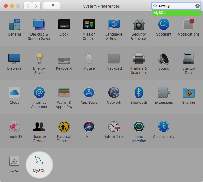 Shows "MySQL" typed into the macOS System Preferences search box, and a highlighted "MySQL" icon in the bottom left.