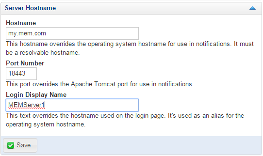 Example of the Server Hostname section of the Manage Settings page.