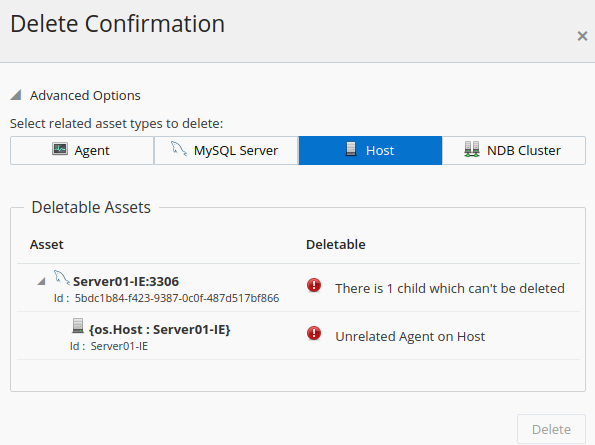 Example of the delete confirmation dialog for a MySQL instance with related host selected.