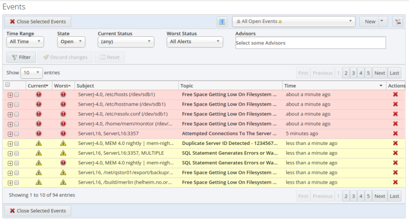 Example of filtering on the Events page.