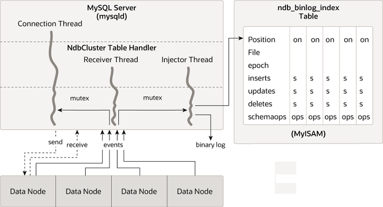 Most concepts are described in the surrounding text. This complex image has three main areas. The top left area is divided into three sections: MySQL Server (mysqld), NDBCLUSTER table handler, and mutex. A connection thread connects these, and receiver and injector threads connect the NDBCLUSTER table handler and mutex. The bottom area shows four data nodes (ndbd). They all produce events represented by arrows pointing to the receiver thread, and the receiver thread also points to the connection and injector threads. One node sends and receives to the mutex area. The arrow representing the injector thread points to a binary log as well as the ndb_binlog_index table, which is described in the surrounding text.