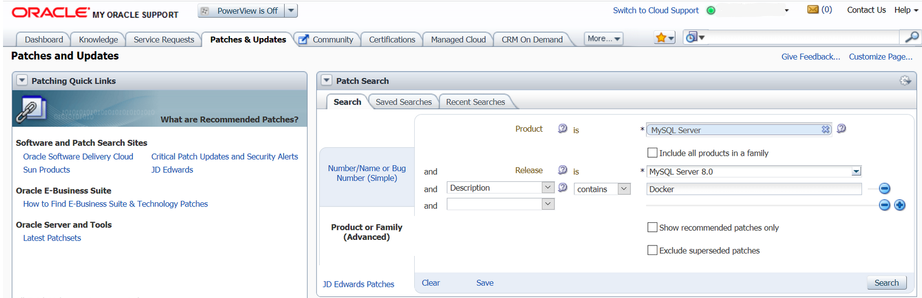 MySQL Enterprise イメージの検索設定を示す図