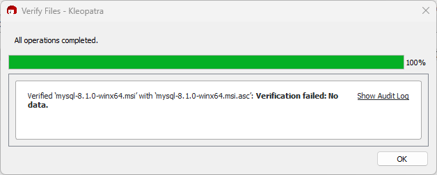It shows "Verification failed: No data." and also displays the name of the ASC file.