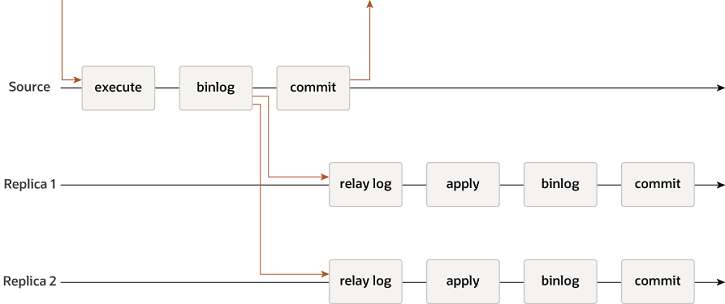 A transaction received by the source is executed, written to the binary log, then committed, and a response is sent to the client application. The record from the binary log is sent to the relay logs on Replica 1 and Replica 2 before the commit takes place on the source. On each of the replicas, the transaction is applied, written to the replica's binary log, and committed. The commit on the source and the commits on the replicas are all independent and asynchronous.