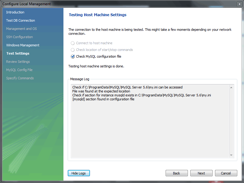 Testing host. Connection SQL Server. New Server instance MYSQL workbench. Local instance MYSQL. Test connection.