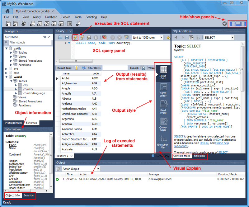 Query elements include: Execute statement icon, SQL query panel, hide/show options, output (results) grid, output style bar, output log, visual explain (Execution Plan style), and object information.