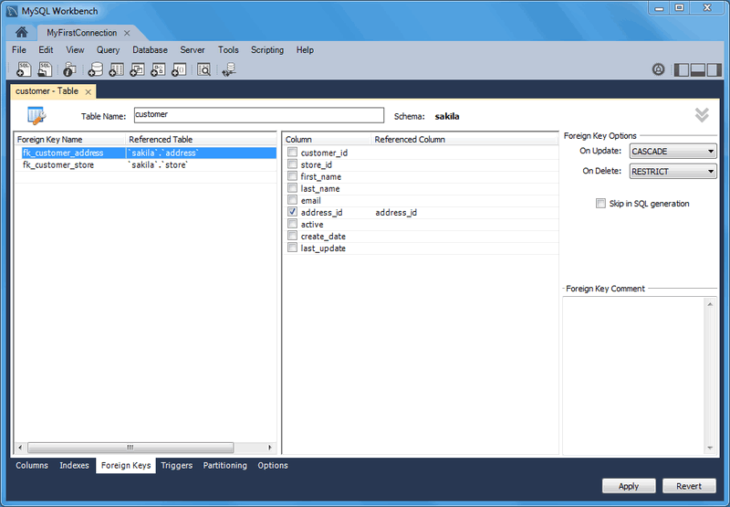 Mysql Mysql Workbench Manual 8 1 10 4 Foreign Keys Tab